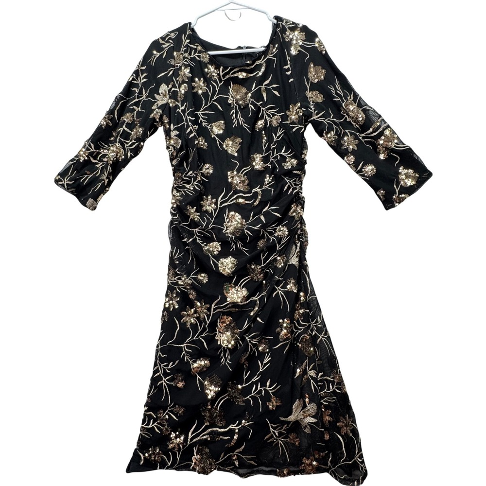 SLNY Cocktail Dress Womens 10 Black Gold Sequin Floral Ruched Mesh Glam